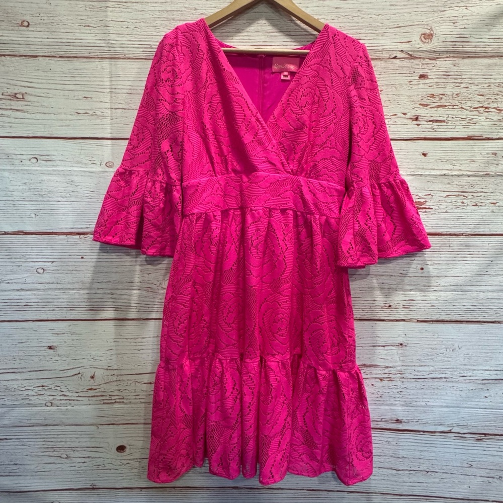 Lilly Pulitzer Cecelia Dress in Pink Tango Bungalow Blossom Lace Sz 8 - Picture 6 of 16